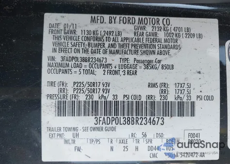 2011 Ford Fusion Hybrid Hybrid из США, поврежденный, VIN 3FADP0L38BR234673